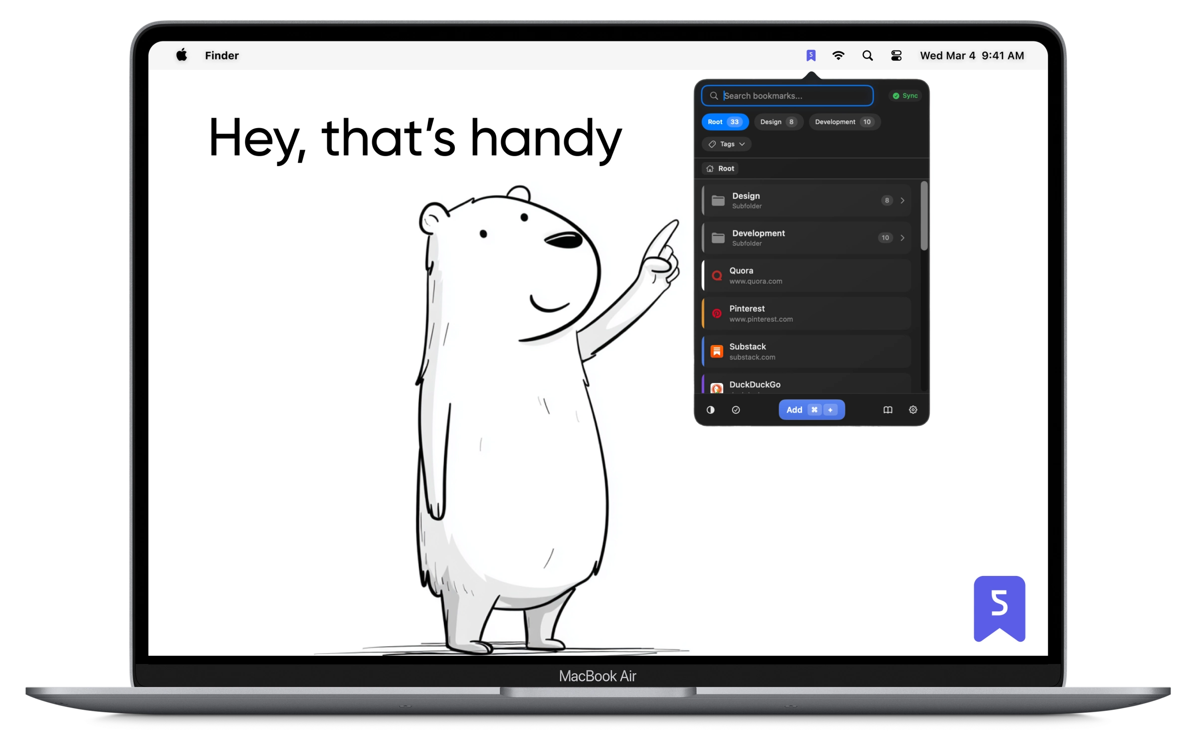 A capybara pointing at neatly organized saved links on a Mac